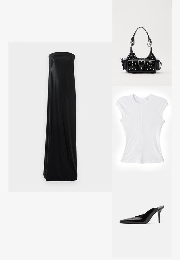Helmut Lang T-Shirt basic - optic white; Schwarzes, trägerloses Maxikleid aus glattem, glänzendem Stoff. Es hat ein figurbetontes Oberteil und eine fließende Silhouette, die den Boden erreicht, ohne Verzierungen.; Schwarze Lackleder-Pumps mit hohen Absätzen, spitzer Zehenform und schlanker Silhouette, mit offenem Rücken und schlankem Stiletto-Absatz.; Schwarze Lederhandtasche mit einem geschwungenen Design, verziert mit silbernen Nieten, einer Schnalle und zwei seitlichen Taschen. Verstellbarer Träger für verschiedene Tragemöglichkeiten.
