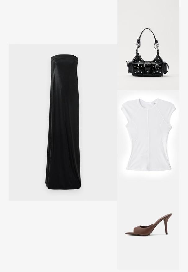 Helmut Lang Basic T-shirt - optic white; Black strapless maxi dress made of smooth, shiny fabric. Features a fitted bodice and flowing silhouette, reaching the floor without embellishments.; Brown leather open-toe high-heeled mules with a sleek design, featuring a wide front strap and a slender stiletto heel.; Black leather handbag with a curved design, featuring silver studs, a buckle, and two side pockets. Adjustable strap for carrying options.