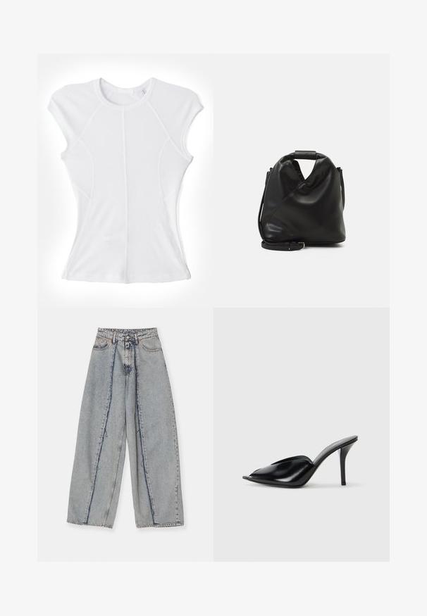 Helmut Lang T-shirt basic - optic white; Lichtblauwe wijde jeans met rafelige randen, een hoge taille en contrasterende naden. Gemaakt van denim, met een ontspannen pasvorm en minimale slijtage.; Zwarte leren muiltjes met hoge hakken, open teen, spitse vorm, gladde textuur en een slanke stiletto-hak.; Zwarte, zachte leren tas met een unieke gedraaide vorm. Voorzien van een korte handgreep en een afneembare schouderriem. Minimalistische stijl.
