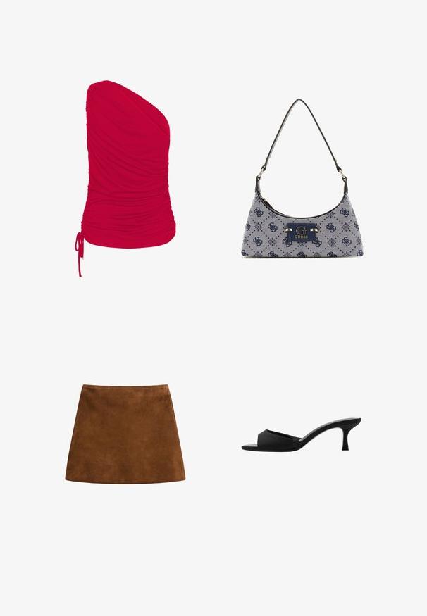 Rode top met één schouder, gemaakt van zachte, rekbare stof met een geplooide textuur; inclusief verstelbaar trekkoorddetail bij de zoom.; Bruine suède minirok met een gladde textuur, A-lijn vorm en een schone zoom. Geen zichtbare hardware of patronen. Eenvoudig en elegant ontwerp.; Zwarte hakken mules met een brede, open teen en een gebogen bovenkant. Gemaakt van textuurstof, met een slanke hak en een gladde zool.; Hobo-stijl handtas in marineblauwe stof met een ruitpatroon, voorzien van een logo-plaatje en een soepele schouderriem. Gestructureerd oppervlak.
