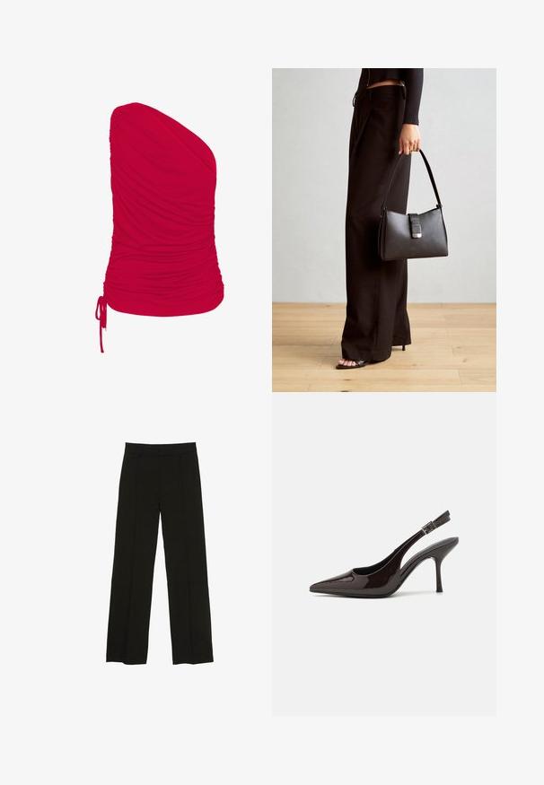 Rød én-vent top fremstillet af blødt, strækbart stof med samlet struktur; inkluderer justerbar snoretræk detalje i kanten.; Sorte brede bukser lavet af et glat stof, med en tætsiddende talje og subtile frontfolder for ekstra tekstur.; Slingback højhælet sko i glat mørkebrun patenteret læder, spids tå, åbne sider og justerbar ankelrem.; Sort håndtaske med struktureret form, glat overflade og metalspænde. Sammen med brede sorte bukser og sandaler med åben tå på trægulv.