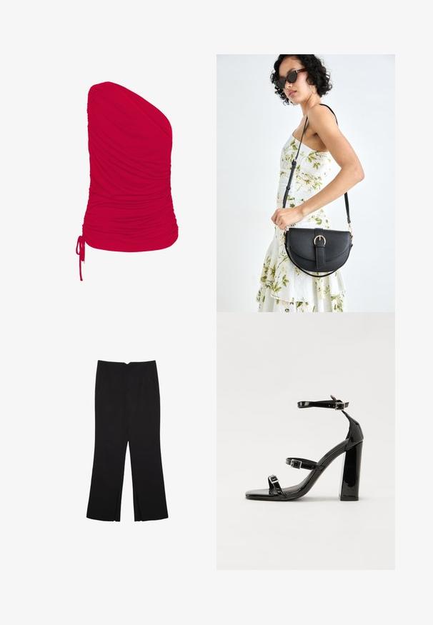 Crvena majica s jednim ramenom izrađena od mekog, rastezljivog materijala s nabranim teksturom; uključuje podesivi detalj s vezicom na rubu.; Crne hlače ravnog kroja, s prednjim džepovima i bočnim prorezima na rubu. Izrađene od mekog i glatkog materijala. Pogodne za razne prigode.; Crne lakirane sandale na pete sa kvadratnim nosom, trakama oko gležnja i srebrnim kopčama. Imaju čvrst blok petu za stabilnost.; Crna kožna torba s lukovitim oblikom, odvojivim remenom i zlatnim detaljima. Torba ima preklop s kopčom.