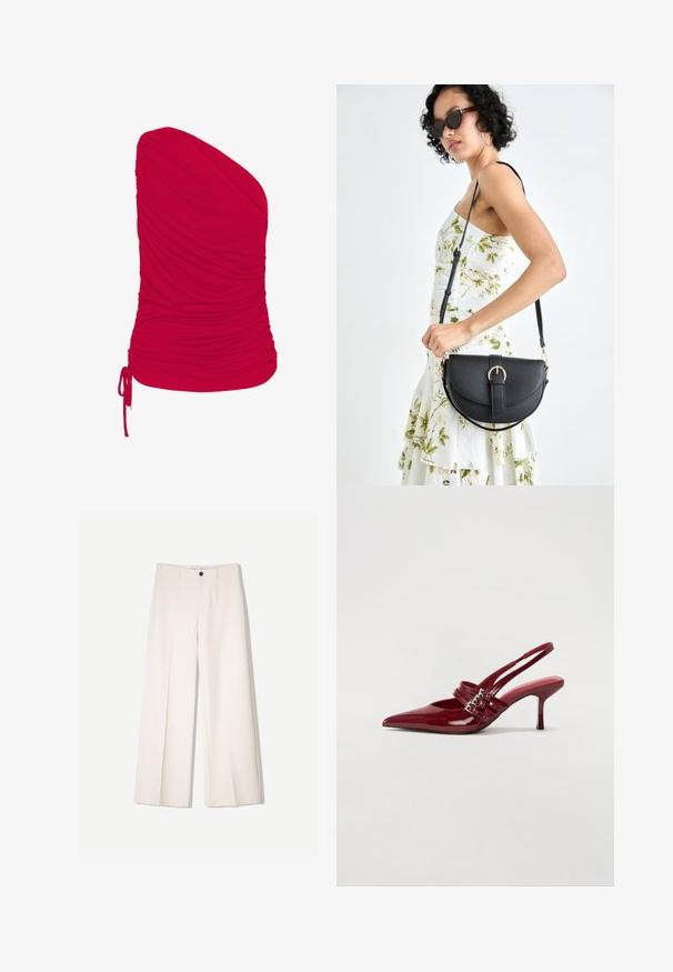 Röd top med en axel tillverkad av mjukt, elastiskt tyg med samlad textur; inkluderar justerbar snörningsdetalj vid nederkanten.; Krämfärgade byxor med vida ben och skräddarsydd design, med två framfickor och en enda knappstängning fram, tillverkade av ett smidigt tyg.; Röda patentläder slingback-hälar med spetsig tå, två spännen och en smal, medelhög stilettklack. Slät textur.; Svart läderhandväska med en böjd form, avtagbar rem och guldiga detaljer. Väskan har ett lock med en spänndetalj.