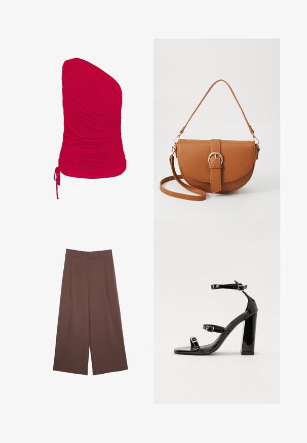 Rød én-vent top fremstillet af blødt, strækbart stof med samlet struktur; inkluderer justerbar snoretræk detalje i kanten.; Brune bredbunde bukser med en glat tekstur, der har høj talje og plisseringer foran. Stoffet er let og falder løst.; Sorte patenterede hælsandaler med firkantet tå, ankelremme og sølvspænder. Har en chunky blokHæl for stabilitet.; Brun læder crossbody taske med en buet form, guldfarvet hardware og en spændeaccent. Har en aftagelig skulderrem.