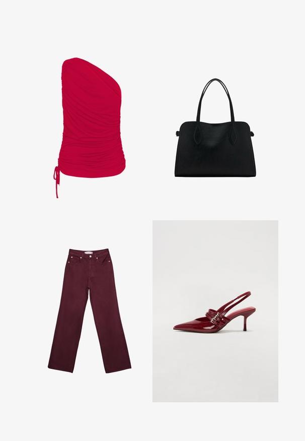 Punainen yhden olkapään paita, joka on valmistettu pehmeästä, elastisesta kankaasta ja jossa on rypytetty pinta; mukana säädettävä nauhakiinnitys helmassa.; Burgundy korkeavyötäröiset farkut suoranlahkeisella designilla, joissa on etutaskut, nappisuljenta ja kuparinvärisiä varusteita.; Punaiset patenttalahkeet slingback-korkokengät, joissa on terävä kärki, kaksi solkiverkkoa ja kapea, keskipituinen stiletto-korko. Sileä pinta.; Mustavihreä nahkalaukku, jossa on kaksinkertaiset olkahihnat, suorakaiteen muotoinen ja minimalistinen muotoilu valkoisella taustalla.
