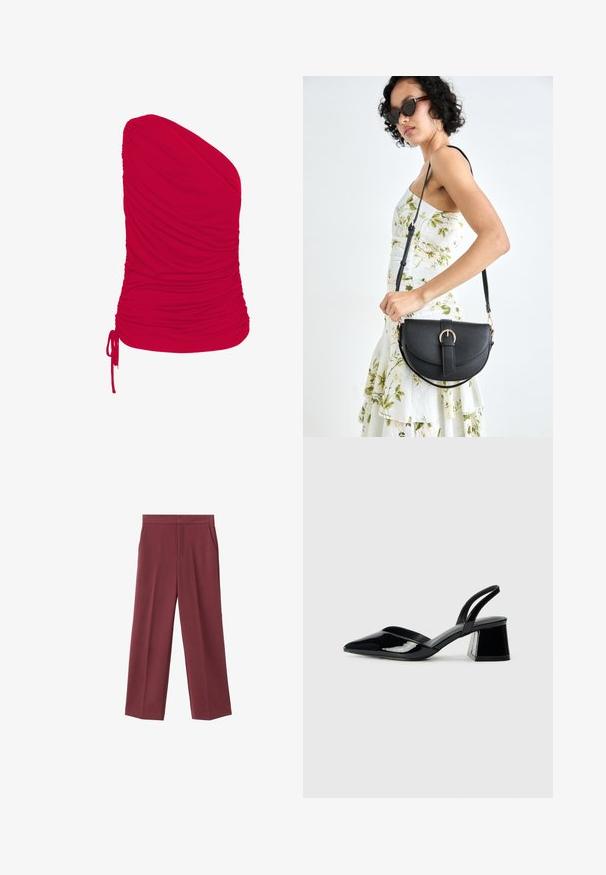 Top rosso a spalla unica realizzato in tessuto morbido e elasticizzato con lavorazione a drappeggio; include un dettaglio con cordoncino regolabile all'orlo.; Pantaloni larghi bordeaux con una texture liscia, caratterizzati da tasche laterali e una vita alta. Rifiniti con una piega frontale pulita.; Décolleté in vernice nera con punta affusolata e tacco in geometria cubica. Presentano un design elegante e minimalista, con una texture liscia.; Borsa a tracolla nera in pelle con una forma curva, manico rimovibile e accessori dorati. La borsa presenta una patta con un dettaglio a fibbia.