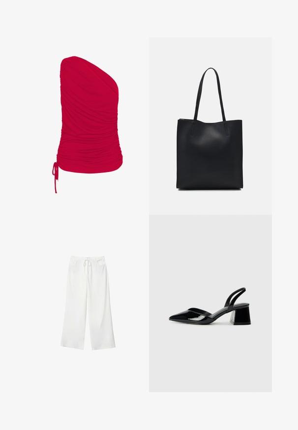 Rød én-vent top fremstillet af blødt, strækbart stof med samlet struktur; inkluderer justerbar snoretræk detalje i kanten.; Hvide bukser med vidde lavet af blødt stof, med bindebånd i taljen og to forlommer. Glat tekstur og uden synlige mønstre.; Sorte patentlæder slingback hæle med spids tå og en geometrisk blok hæl. Har et elegant, minimalistisk design og en glat tekstur.; Sort læder tote taske med glat tekstur, rektangulær form og to lange hanke. Ingen synlig hardware eller udsmykninger.