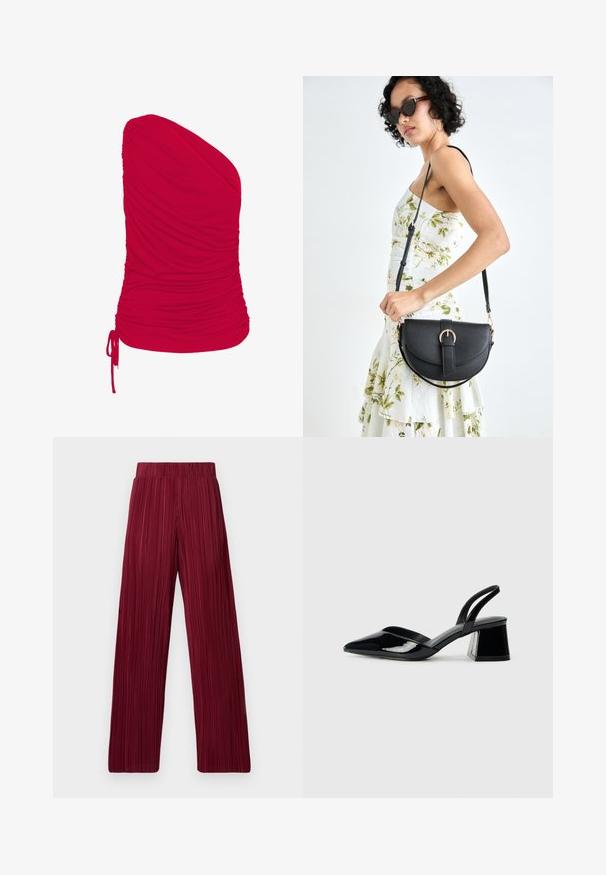 Piros, egyvállú felső, puha, rugalmas anyagból készült, gyűrött textúrával; az alsó részén állítható zsinór részlet található.; Burgundi pleated, széles szárú nadrág, rugalmas derékkal. A textúrált anyagon függőleges csíkok találhatók. Egyenes szabás a szegélynél.; Fekete lakk bőr szandálkés magas sarkú cipő, hegyes orral és geometrikus tömbsarkakkal. Karcsú, minimalista dizájn és sima textúra jellemzi.; Fekete bőrtáska ívelt formával, levehető pánttal és arany színű fémrészekkel. A táskán egy csattal díszített fedél található.