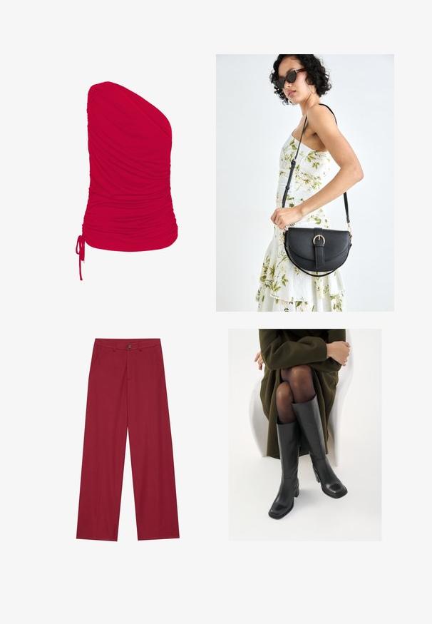 Piros, egyvállú felső, puha, rugalmas anyagból készült, gyűrött textúrával; az alsó részén állítható zsinór részlet található.; Széles lábú nadrág sima, textúrált anyagból, mélyvörös színben. Elöl zsebekkel és egydarabos gombos záródással a derékon.; Térdfelett érő fekete bőr csizmák négyzet alakú orral és tömbtalppal, olajzöld kabátban ülő modellel bemutatva. Simaság, minimalista részletezés.; Fekete bőrtáska ívelt formával, levehető pánttal és arany színű fémrészekkel. A táskán egy csattal díszített fedél található.