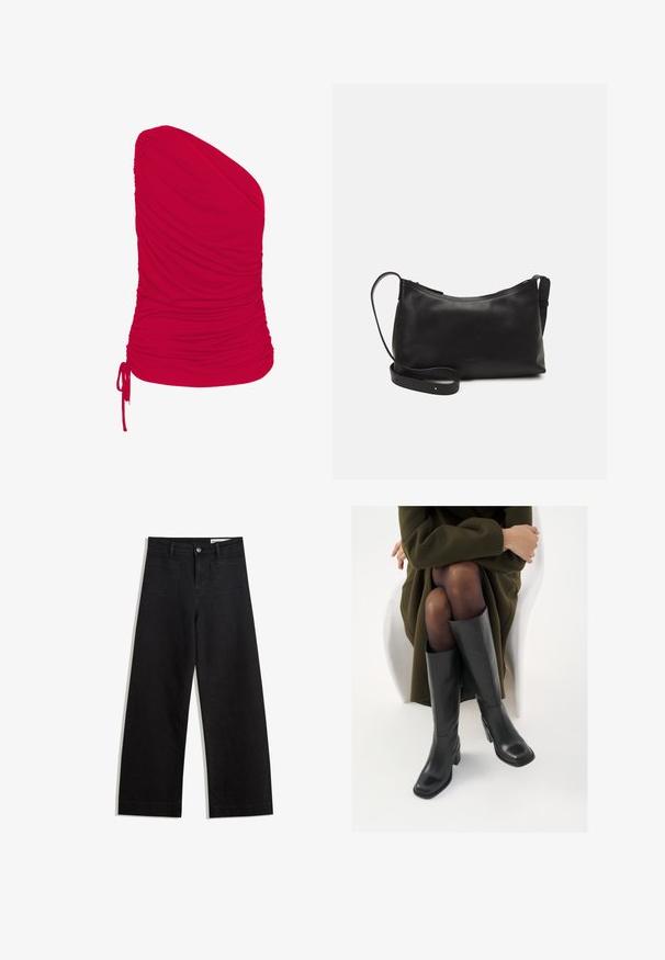 Red one-shoulder top made from soft, stretchy fabric with gathered texture; includes adjustable drawstring detail at the hem.; Black wide-leg denim pants with a high waist, featuring front and back pockets, stitched seams, and a button closure. Smooth texture.; Knee-high black leather boots with a squared toe and block heel, shown with a model seated in an olive green coat. Smooth texture, minimal detailing.; Black leather shoulder bag with a smooth texture, curved shape, adjustable strap, and a zip closure. Minimalist design without embellishments.