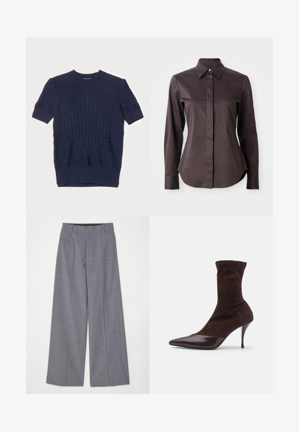 Tamsiai mėlynos spalvos trumpų rankovių megztinis su horizontaliais ir vertikaliais raukšlėmis, turintis centrą rombo raštu ir apvaliu kaklu.; Tamsiai ruda ilgomis rankovėmis marškiniai su uždaru apykakle ant balto fono.; MM6 Maison Margiela PANTS - Kelnės - grey melange; Rudi zomšos auliniai batai su smailiu priekiniu galu ir blizgiu burgundiškojo lakinės odos priekiniu dangteliu, turintys siaurą stiletą kulną ir tekstūruotą paviršių.