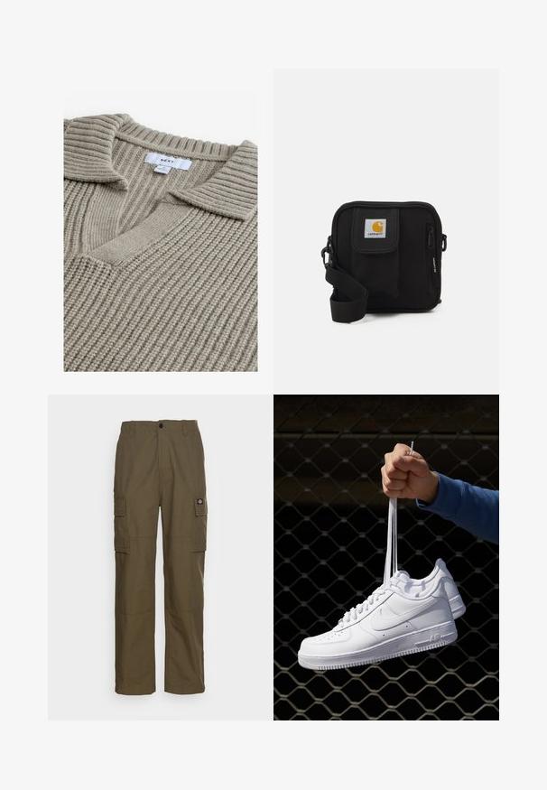 Beige gebreide trui met een geribbelde textuur, voorzien van een V-hals en een vlakke kraag. De stof lijkt zacht en warm. Merklabel zichtbaar.; Olijfgroene cargobroek, gemaakt van duurzaam stof. Beschikt over twee zijzakken, een standaard taille en een rechte pijp.; Witte leren sneakers met perforaties, ronde neus, vlakke zool en dikke veters, met een zichtbare swoosh-logo en "AIR" op de hiel.; Zwarte schoudertas met een rits hoofdcompartiment, voork pocket, verstelbare strap en een zichtbaar logo op de klep.