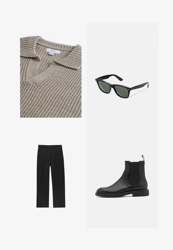 Beige gestrickter Pullover mit gerippter Textur, ausgestattet mit einem V-Ausschnitt und einem flachen Kragen. Der Stoff wirkt weich und warm. Markenlabel sichtbar.; Schwarze Hose mit geradem Schnitt, aus einem glatten Stoff gefertigt. Verfügt über Vorderfalten und einen einzelnen Knopfverschluss an der Taille.; Schwarze Leder-Ankle-Boots mit glatter Textur, elastischen Seitenpaneelen und einer Zuglasche. Runde Zehenpartie und flache Gummisohle mit minimalem Profil.; Schwarze Plastiksonnenbrille mit grünen Gläsern, quadratischen Rahmen, silbernem Akzent auf der Augenbraue und strukturierten Bügeln. Angegebene Marke auf dem inneren Bügel.
