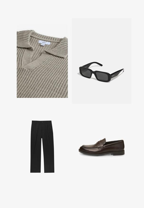 Beige gestrickter Pullover mit gerippter Textur, ausgestattet mit einem V-Ausschnitt und einem flachen Kragen. Der Stoff wirkt weich und warm. Markenlabel sichtbar.; Schwarze Hose mit geradem Schnitt, aus einem glatten Stoff gefertigt. Verfügt über Vorderfalten und einen einzelnen Knopfverschluss an der Taille.; Braune Lederloafers mit glatter Textur, abgerundeter Zehenpartie und gestickten Details. Verfügt über einen niedrigen, gestapelten Absatz und ein Slip-On-Design.; Arnette THEKIDD UNISEX - Sonnenbrille - black