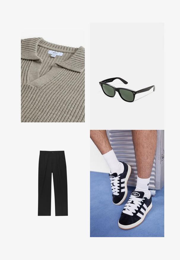 Beige gestrickter Pullover mit gerippter Textur, ausgestattet mit einem V-Ausschnitt und einem flachen Kragen. Der Stoff wirkt weich und warm. Markenlabel sichtbar.; Schwarze Hose mit geradem Schnitt, aus einem glatten Stoff gefertigt. Verfügt über Vorderfalten und einen einzelnen Knopfverschluss an der Taille.; Schwarze Wildledersneaker mit weißen Schnürsenkeln und drei weißen Streifen. Verfügt über ein kreisförmiges schwarzes Logo auf der Zunge und eine Gummisohle.; Schwarze Plastiksonnenbrille mit grünen Gläsern, quadratischen Rahmen, silbernem Akzent auf der Augenbraue und strukturierten Bügeln. Angegebene Marke auf dem inneren Bügel.