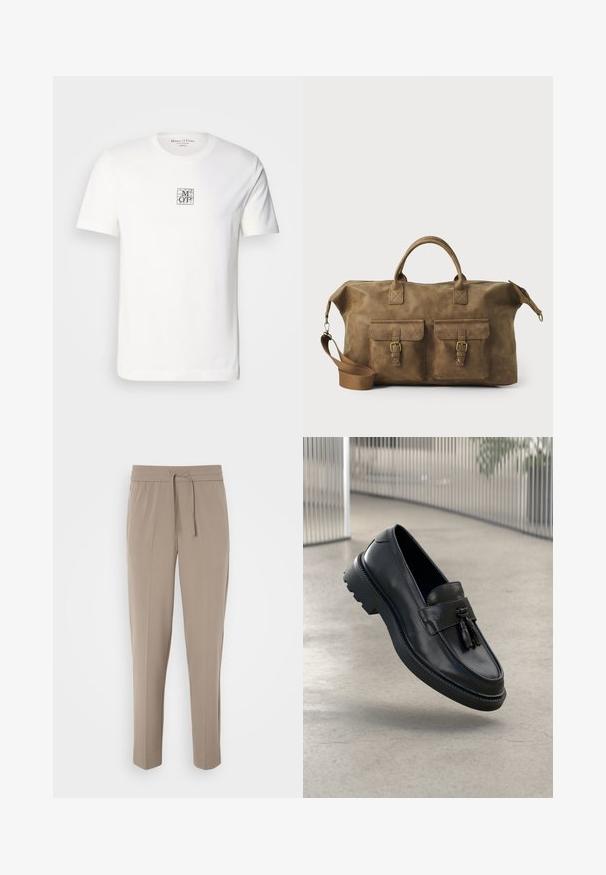 Bílý bavlněný tričko s malým čtvercovým logem s textem "M O P", kulatým výstřihem, krátkými rukávy a rovnými lemy.; Světlé béžové kalhoty s elastickým pasem, nastavitelnou šňůrkou a zúženými nohavicemi. Tkanina vypadá hladce s jemným leskem.; Černé kožené mokasíny s hladkým povrchem, dekorativní střapec, silná gumová podrážka a prošité detaily. Lehký a elegantní design.; Hnědá kožená cestovní taška s dvěma předními kapsami, nastavitelným ramenním popruhem, zlatými kovovými prvky a pevnými horními uchy. Hladký povrch.