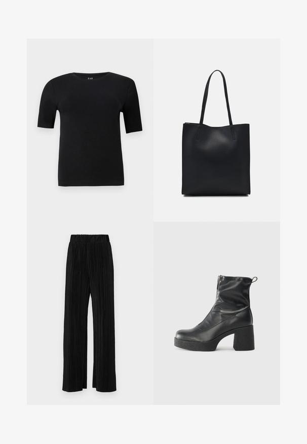 Melnas īsām piedurknēm T-kreklā, kas izgatavots no mīksta kokvilnas, ar apaļu dekoltē un vienkāršu dizainu bez redzamām rakstu vai akcentiem.; Melni plīšu bikses ar elastīgu jostu. Tām ir platākas kājas un gluda, teksturēta auduma ar vertikālām svītrām.; Melni potītes zābaki, kas izgatavoti no gludas ādas, ar sānu rāvējslēdzēju, masīvu strukturētu papēdi un noapaļotu purngalu.; Melnas ādas somiņa ar gludu tekstūru, taisnstūra formu un divām garām rokturiem. Nav redzamu aparatūras vai rotājumu.