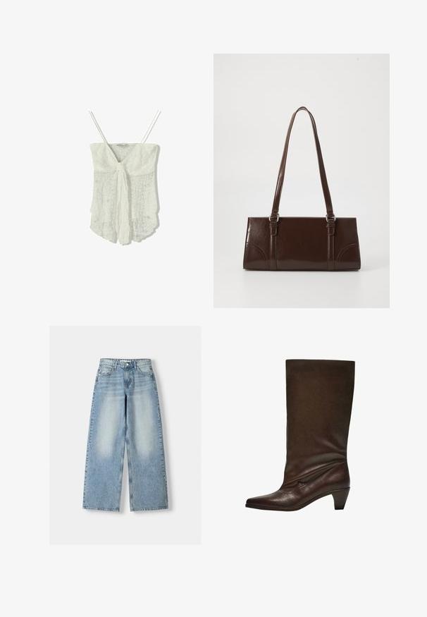 Biała koronkowa bluzka na cienkich ramiączkach, z wiązaniem z przodu i lekko strukturalnym, zwiewnym krojem.; Jasnoniebieskie dżinsy typu wide-leg z wysokim stanem, z lekko spranym wykończeniem, pięcioma kieszeniami i prostym krojem.; Ciemnobrązowy skórzany botek sięgający do połowy łydki z niskim, zwartego obcasem, spiczastym noskiem i lekko opadającą cholewką na białym tle.; Brązowa torebka z lakierowanej skóry o prostokątnym kształcie, z dwiema długimi rączkami i subtelnymi zaokrągleniami z przodu.