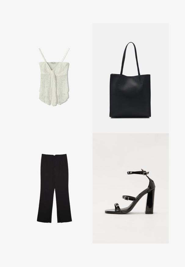 Valkoinen pitsitoppi ohutolkaimilla, etupuolella soljettava sulkeminen ja hieman teksturoitu, liehuva muotoilu.; Mustat housut suoralinjaisella leikkauksella, joissa on etutaskut ja sivurei'ät helman alla. Valmistettu pehmeästä ja sileästä kankaasta. Sopii eri tilaisuuksiin.; Musta kiiltävä korkokenkä sandaalit neliönmuotoisella varpaalla, nilkkaremmillä ja hopeisilla soljilla. Varustettu tukevalla lohkokorkealla vakauden takaamiseksi.; Mustapahkainen kangaskassi, jossa on sileä pinta, suorakaiteen muotoinen ja kaksi pitkää kahvaa. Ei näkyvää metalliosaa tai koristeita.