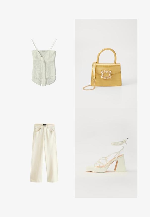 Bílý krajkový top s tenkými ramínky, zdobený zavazováním vpředu a splývavým, mírně strukturovaným designem.; Kalhoty s širokými nohavicemi v světle béžovém denimu, vybavené zapínáním na knoflík, pěti kapsami a hladkou texturou. Jednoduchý a moderní design.; Bílé sandály na vysokém podpatku s robustním podpatkem, s designem s pásky a zavazováním kolem kotníku. Hladký povrch s platformou vpředu pro zvýšení výšky.; Žlutá kabelka z umělé krokodýlí kůže se strukturovaným designem, horním uchopem, odnímatelným řetízkovým popruhem a dekoračním krystalovým zdobením na zapínání.