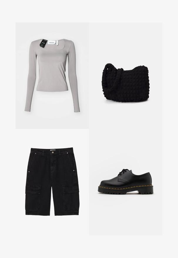 Dlouhý rukáv košile v světle šedé barvě, s čtvercovým výstřihem, úzkým střihem a hladkým materiálem. Obsahuje štítky připevněné k výstřihu.; Černé cargo šortky vyrobené z denimu, s dvěma bočními kapsami a dvěma kapsami s klopou na nohavicích, s knoflíkovým zapínáním a poutky na opasek.; Černá kůže šněrovací boty s kulatou špičkou, texturovanou gumovou podrážkou a žlutým prošíváním kolem základny. Plný design a hladký povrch.; Černá látková taška s texturovaným, prošívaným vzorem. Zaoblený tvar, krátké, silné uchy a měkká, flexibilní struktura.; Stříbrný řetízkový náramek s zapínáním na policejní pouta vlevo; vpravo je dekorativní řetěz s akcenty. Oba mají lesklý povrch.