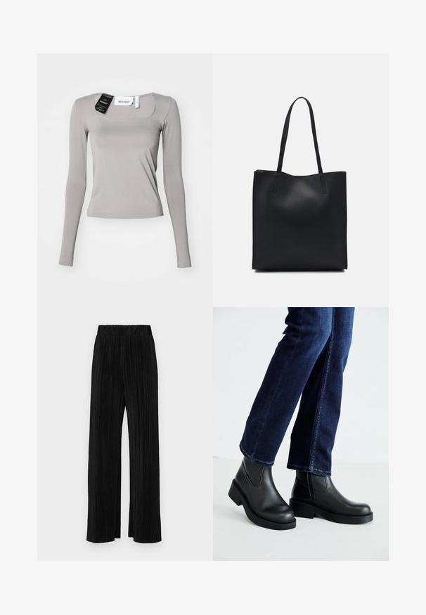 Dlhý rukáv tričko svetlosivej farby, s hranatým výstrihom, úzkym strihom a hladkým materiálom. Obsahuje štítky pripevnené na výstrihu.; Čierne plisované nohavice s elastickým pásom. Majú široké nohavice a hladkú, textúrovanú látku s vertikálnymi pruhmi.; Čierne kožené členkové čižmy s robustnou podrážkou a bočnými elastickými panelmi, skombinované s tmavomodrými džínami. Pôda je svetlá.; Čierna kožená taška na rameno s hladkým povrchom, obdĺžnikovým tvarom a dvoma dlhými uchami. Bez viditeľného kovania alebo ozdôb.