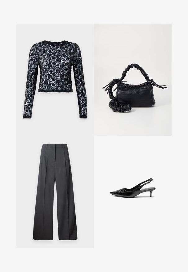 Top corto de manga larga negro, hecho de encaje, con patrones florales y un cuello redondo, con tejido texturizado en toda su superficie.; Pantalones de pierna ancha en tejido gris oscuro, con una cintura alta, pliegues simples y una textura suave con un acabado limpio en los dobladillos.; Tacones slingback de cuero negro con punta puntiaguda, tacón bajo de estilo kitten y detalle fruncido en el empeine. Textura suave y diseño minimalista.; Bolso de mano de imitación cuero negro con textura de cocodrilo, parte superior fruncida y correa arrugada. Presenta un diseño suave y compacto.