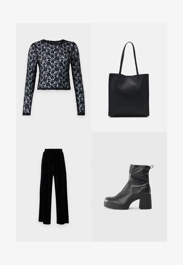 Black long-sleeve crop top made from lace, featuring floral patterns and a round neckline, with textured fabric throughout.; Black wide-leg trousers made of soft velvet, featuring an elastic waistband and a smooth texture, with no visible detailing or patterns.; Black ankle boots made of smooth leather, featuring a side zipper, chunky textured heel, and rounded toe design.; Black leather tote bag with smooth texture, rectangular shape, and two long handles. No visible hardware or embellishments.