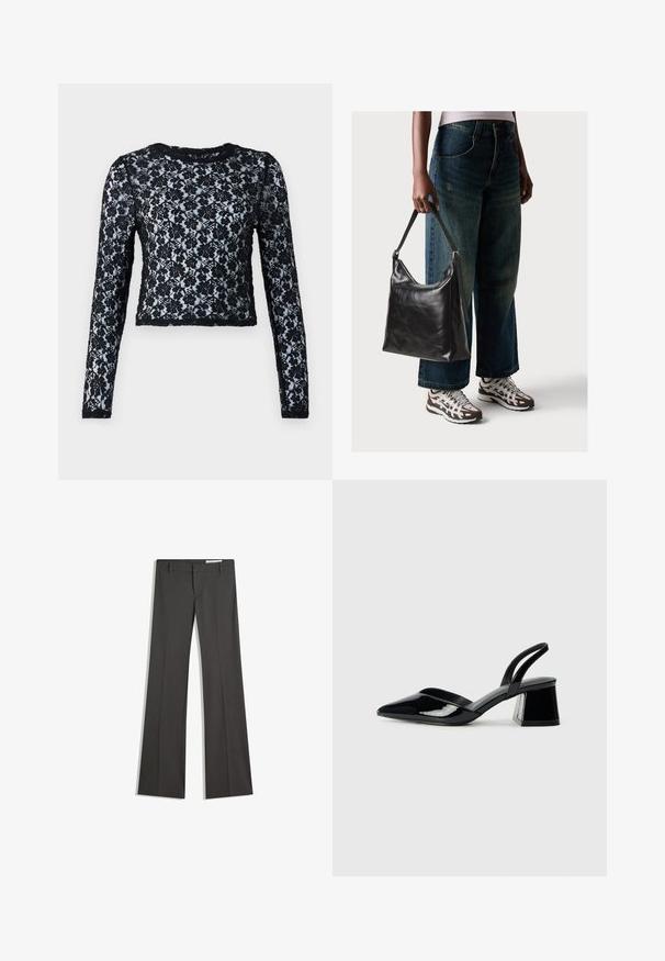 Zwarte lange mouwen crop top van kant, met bloemmotieven en een ronde halslijn, van textuurstof door het hele ontwerp.; Grijze flared broeken van een gladde stof, met een platte voorkant, riemlussen en een op maat gemaakt ontwerp met strakke lijnen.; Zwarte gepatineerde leren slingback hakken met een spitse neus en een geometrische blokhak. Kenmerkt zich door een slank, minimalistisch ontwerp en een gladde textuur.; Zwarte leren schoudertas met een gladde textuur en een verstelbare strap, gecombineerd met vervaagde wijde jeans en sportieve sneakers.