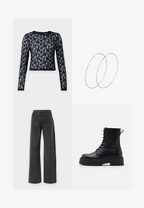 Czarna długi rękaw crop top wykonany z koronki, z floralnymi wzorami i okrągłym dekoltem, z fakturowanym materiałem w całej powierzchni.; Noisy May NMJANNEL czarny denim; Czarne skórzane botki za kostkę z okrągłym noskiem, sznurówką z przodu i grubą gumową podeszwą z teksturowanym bieżnikiem. Pętelka do zakładania z tyłu.; Srebrne kolczyki w formie obręczy o minimalistycznym designie. Okrągły kształt, gładka faktura i cienki profil. Lekkie, z polerowanym wykończeniem.