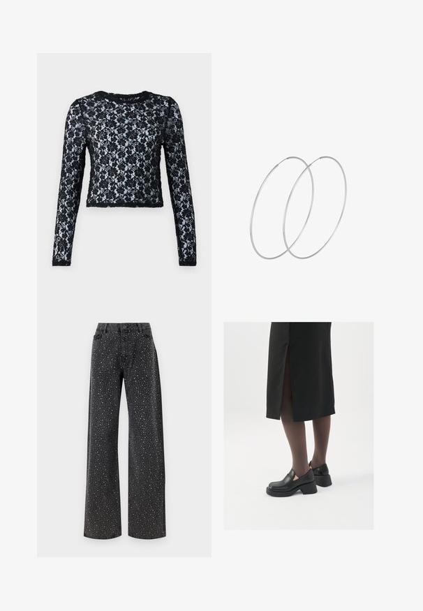 Mustad pika varrukatega lühike topp, mis on valmistatud pitsist, omades lillemotiive ja ümmargust kaelust, tekstuuriga kangast kogu ulatuses.; Noisy May NMJANNEL LOOSE - Avar lõikega teksad - black denim; Mustad mustad jalatsid ümmarguse varbaga, paksu plokkniidi ja elastsete külgdetailidega, kombineeritud tumedate sukkade ja musta lõhikuga seelikuga.; Hõbedased rõngastikkaehingad minimalistlikus disainis. Ümar kuju, sile tekstuur ja õhuke profiil. Kerged ning poleeritud viimistlusega.