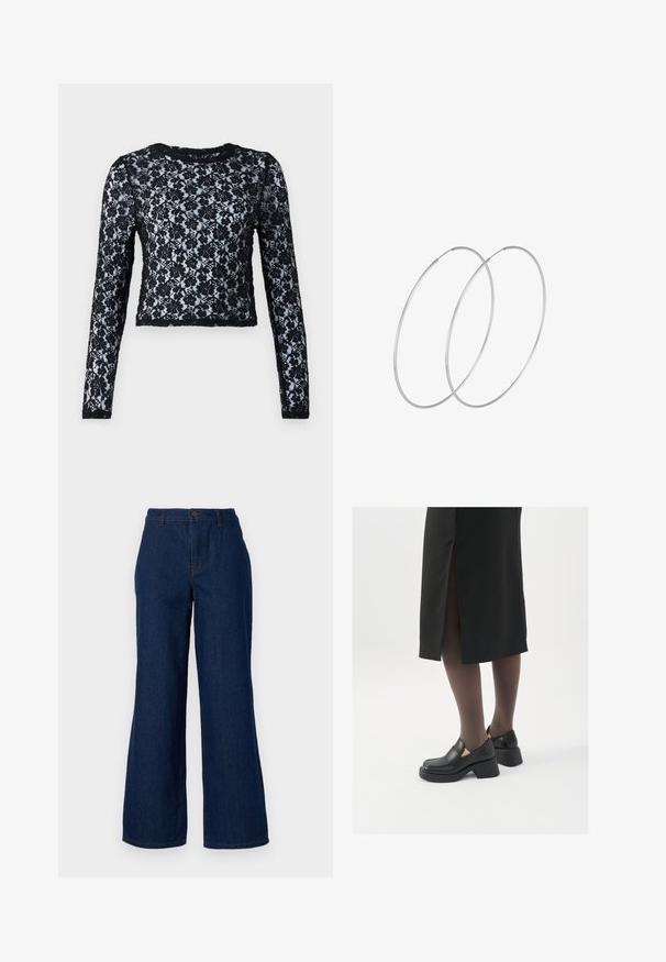 Crna dugačka majica kratkog kroja od čipke, s cvjetnim uzorcima i okruglim izrezom, sa teksturiranim materijalom.; Tamno plave traperice širokih nogavica s visokim strukom, prednjim kopčanjem na gumb i suptilnim detaljima šavova. Glatka tekstura i bez uzoraka.; Crne kožne cipele s zaobljenim vrhom, debelim blok petama i elastičnim bočnim detaljima, uparene s tamnim čarapama i crnom suknjom s prorezom.; Srebrne okrugle naušnice s minimalističkim dizajnom. Kružni oblik, glatka tekstura i tanak profil. Lagane s poliranim završetkom.