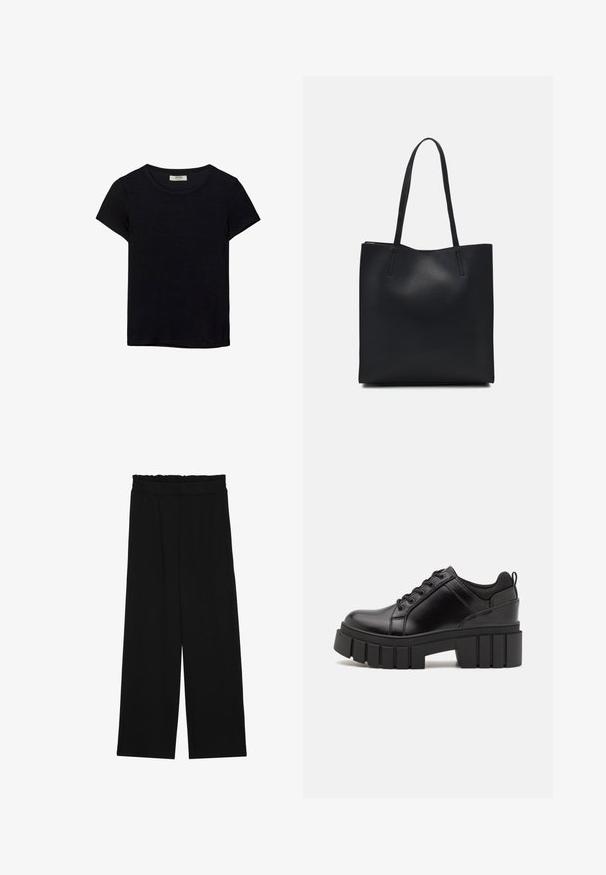 Mustat lyhythihaiset t-paidat, jotka on valmistettu pehmeästä kankaasta. Contains classic pyöreä kaula-aukko ja rento istuvuus. Ei näkyviä kuvioita tai yksityiskohtia.; Musta leveälahkeinen housut, joissa on röyhelövyötärö, kaksi sivutaskua ja sileä, kevyt kangas. Ei näkyviä kuvioita tai metalliosia.; Mustat nahkakengät, joissa on lättihenkinen korko, pyöreä kärki ja perinteinen nauhakiinnitys. Ominaisuuksiin kuuluu sileä pintakuvio ja minimaalinen yksityiskohtaisuus.; Mustapahkainen kangaskassi, jossa on sileä pinta, suorakaiteen muotoinen ja kaksi pitkää kahvaa. Ei näkyvää metalliosaa tai koristeita.