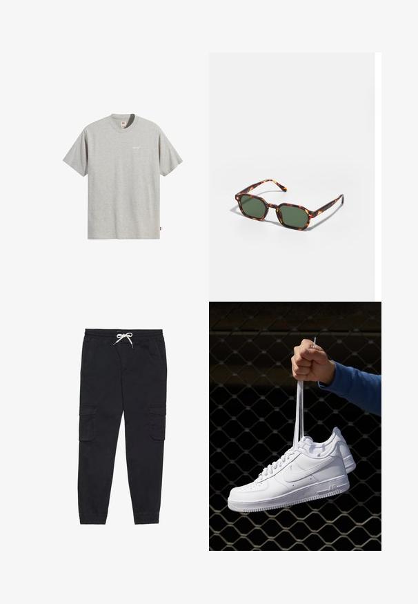 Szara bawełniana koszulka z okrągłym dekoltem, krótkimi rękawami oraz małym białym logo "Levi's" na piersi. Prosty i prostoliniowy krój.; Czarne spodnie cargo wykonane z bawełny, z elastycznym pasem na sznurek, bocznymi kieszeniami oraz zwężanymi nogawkami.; Białe skórzane sneakersy z perforacjami, okrągłym noskiem, płaską podeszwą i grubymi sznurówkami, z widocznym logo swoosh i napisem „AIR” na pięcie.; Okulary przeciwsłoneczne w kolorze żółwim z zielonymi soczewkami, o ośmiokątnym kształcie i cienkich, zakrzywionych ramionach. Materiał ma błyszczące wykończenie.