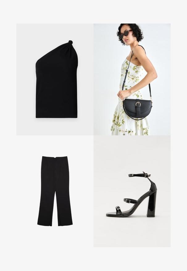 Asimetrični crni bezrukavac izrađen od glatkog materijala, s čvorastim detaljem na ramenu i prilagođenom siluetom.; Crne hlače ravnog kroja, s prednjim džepovima i bočnim prorezima na rubu. Izrađene od mekog i glatkog materijala. Pogodne za razne prigode.; Crne lakirane sandale na visoku petu s dva remena s kopčama, kvadratnim vrhom i masivnom blok petom, s glatkom, sjajnom teksturom.; Crna kožna torba s lukovitim oblikom, odvojivim remenom i zlatnim detaljima. Torba ima preklop s kopčom.