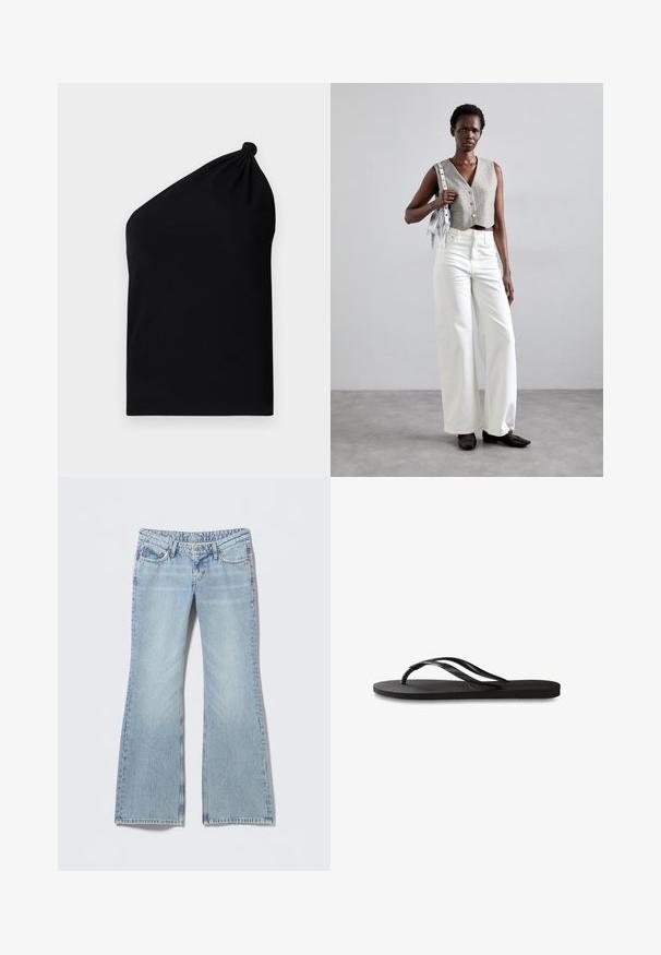 Asimetrični crni bezrukavac izrađen od glatkog materijala, s čvorastim detaljem na ramenu i prilagođenom siluetom.; Svijetloplave trapez hlače s izblijedjelim završetkom, dizajnom s pet džepova i kontrastnim šavovima. Pamučni traper sa glatkom teksturom.; Crne japanke s teksturiranom gumenenom potplatom, dva uska remena i suptilnim, urezanim logom na remenu.; Sivi skraćeni prsluk s gumbima, uparen s bijelim širokim trapericama i crnim ravnim cipelama. Dodano male srebrne frizure.