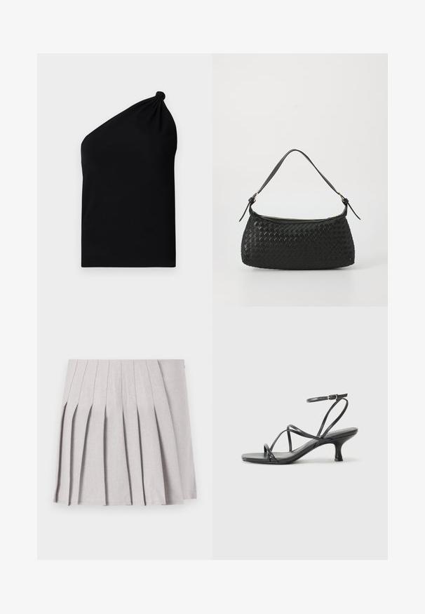 Top asimetric negru fără mâneci, realizat dintr-un material neted, cu un detaliu legat la umăr și o siluetă mulată.; Fustă plisată gri, cu o textură netedă, având multiple plii verticale și o talie ajustată. Fabricată din material ușor.; Sandale negre cu toc înalt, cu curele subțiri, design cu vârf deschis și un toc mic, evazat. Materialul pare neted și lucios.; Geantă de umăr împletită, de culoare neagră, cu o curea din piele netedă și închidere cu fermoar. Are o suprafață texturată și o formă curbată.