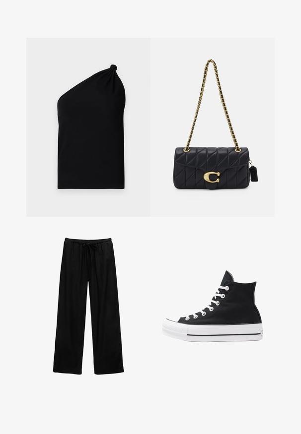 Aszimmetrikus fekete ujjatlan felső, sima anyagból készült, vállán csomós részlettel és testhez simuló szabással.; Fekete, bő szabású nadrág könnyű anyagból, gumis derékkal és húzózsinórral. Egyszerű dizájn, minta vagy fémrészletek nélkül.; Fekete vászon magas szárú sneaker, fehér fűzőkkel és gumitalppal. Texturált orr-rész és fekete-fehér csíkos kiegészítők jellemzik.; Fekete steppelt táska arany lánc pánttal, jellegzetes arany zár mellett és egy kis címkével, amely textúrált bőrfelületet mutat be.