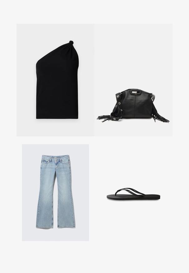 Asymetrický čierny top bez rukávov vyrobený z hladkej látky, s uzlom na ramene a priliehavým strihom.; Weekday NOVA - Slimfit džínsy - lip blue; Čierne žabky s textúrovanou gumovou podrážkou, dvoma štíhlymi popruhmi a diskrétnym embosovaným logom na popruhu.; Maje MISS MINI - Taška cez plece - noir