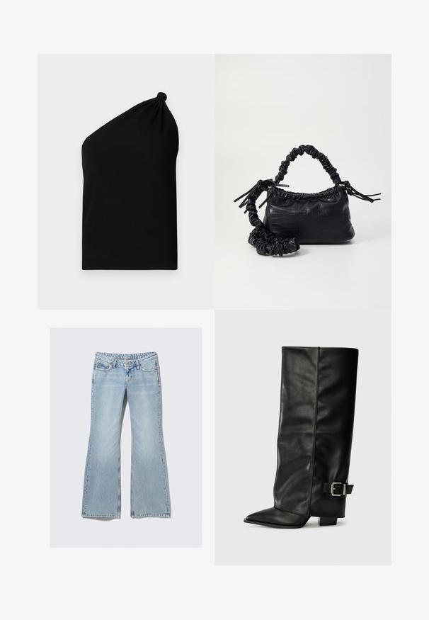 Asimetrisks melns bez piedurknēm tops, kas izgatavots no gludas auduma, ar mezglu detaļu uz pleca un pieguļošu siluetu.; Weekday NOVA - Pieguloša piegriezuma džinsi - lip blue; Melni ādas potītes zābaki ar asu purngalu, gludu virsmu un sudraba sprādzi uz sāniem. Masīvs kvadrātveida papēdis.; Melnā mākslīgās ādas rokassoma ar krokodila rakstu, savilkta augšdaļa un saburzīta siksna. Izskatās mīksta un kompakta pēc dizaina.