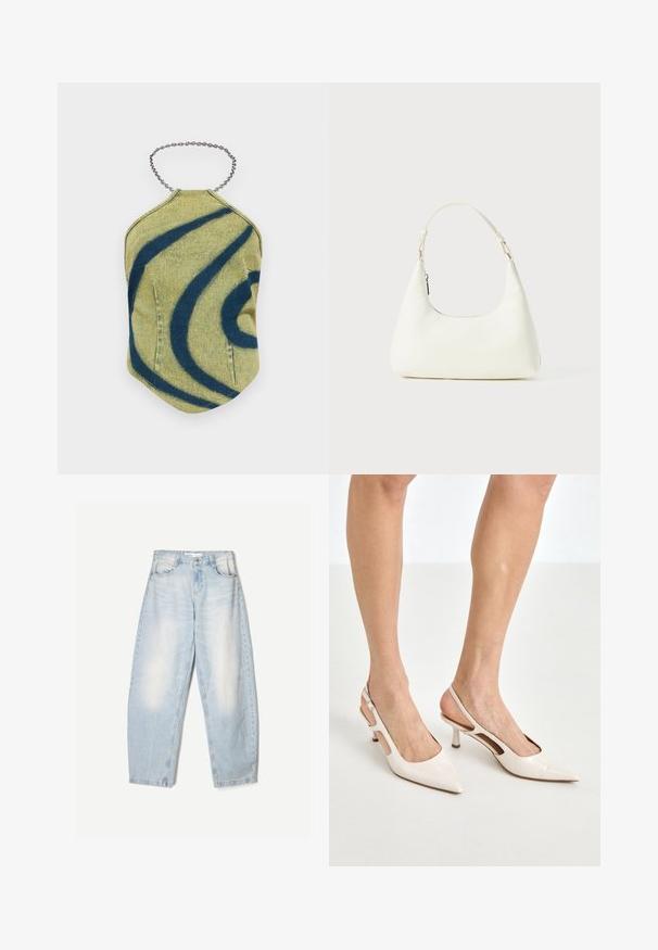 Top in tessuto verde con una stampa blu ondulata. Presenta un design a collo alto con una tracolla in catena argentata. Texture liscia, forma strutturata.; Jeans in denim azzurro chiaro con una vestibilità ampia, caratterizzati da una finitura sbiadita, due tasche frontali e una chiusura con bottone in vita.; Tacchi slingback in pelle lucida beige con punta affusolata e tacco di 5 cm, caratterizzati da lati traforati e una sottile fascia alla caviglia.; Piccola borsa a spalla bianca con una singola tracolla regolabile e chiusura a zip, su uno sfondo bianco uniforme.