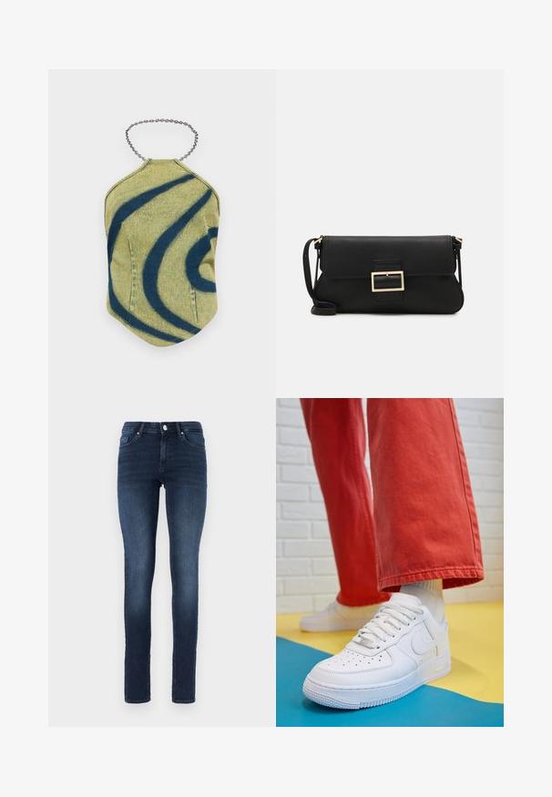 Top in tessuto verde con una stampa blu ondulata. Presenta un design a collo alto con una tracolla in catena argentata. Texture liscia, forma strutturata.; Jeans skinny blu scuro in denim, caratterizzati da un classico design a cinque tasche, chiusura con bottone e leggere sfumature sulle cosce.; Sneaker bianco in pelle con punta perforata, suola testurizzata e lacci bianchi, abbinati a pantaloni rossi larghi e uno sfondo blu e giallo.; Borsa a mano in pelle nera con patta e dettaglio in metallo dorato. Include una tracolla nera e un design elegante e minimalista.; Orecchini a cerchio in argento con un design torciglionato, caratterizzati da una finitura lucida e chiusura a perno. Misurano circa 3 cm di diametro.