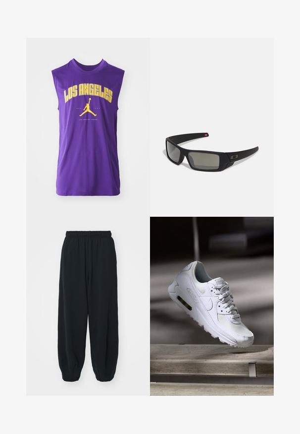 Camisola sem mangas roxa com a inscrição "LOS ANGELES" em grandes letras amarelas, um logotipo preto da Jordan e uma textura de tecido suave e leve.; Calças de fato de treino pretas, com cintura elástica e um corte solto, com punhos nas pernas, textura suave e sem padrões visíveis ou detalhes de metal.; Sapatilha Nike Air Max 90 branca com parte superior em malha e couro, caixa de dedos perfurada e uma unidade de ar visível no calcanhar.; Óculos de sol pretos com acabamento mate, lentes retangulares, leve curvatura nas hastes, detalhe sutil do logo e lentes de cor fumada.