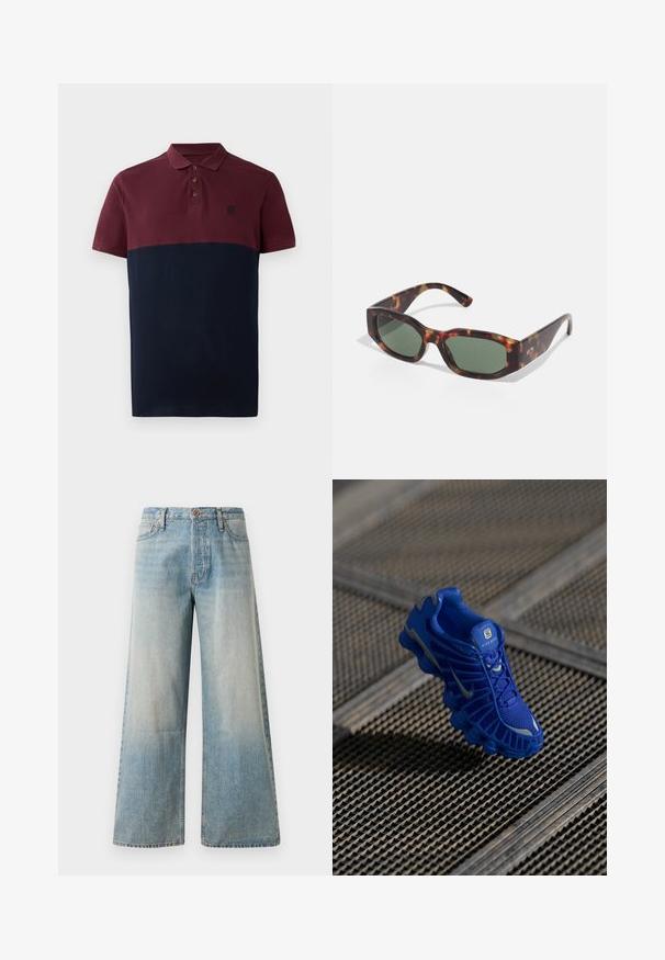 Polohemd mit einem burgunderfarbenen oberen Teil und einem navyblauen unteren Teil, ausgestattet mit einem umgeschlagenen Kragen und drei braunen Knöpfen. Einfaches Logo auf der Brust.; Helle blaue Schlagjeans aus Denim. Sie verfügen über eine hohe Taille, einen Knopfverschluss und subtile Ausbleichungen mit einer glatten Textur und genähten Nähten.; Blaue Sportschuh mit einem Obermaterial aus Netzgewebe, strukturiertem Design und einer markanten Sohle, die über ausgeprägte Dämpfungselemente und reflektierende Akzente verfügt.; Sonnenbrille aus Schildpatt mit rechteckigen grünen Gläsern, breitem Rahmen und dicken Bügeln. Sie zeichnet sich durch ein elegantes Design und eine glatte Kunststoffoberfläche aus.