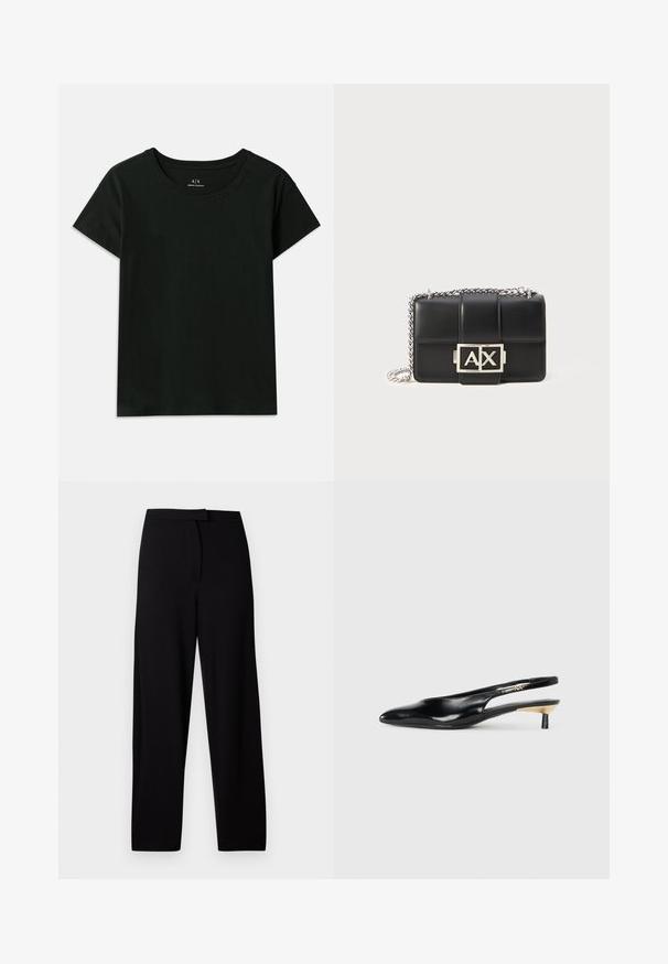Black short-sleeve T-shirt made of cotton. Features a crew neck and embossed "Armani Exchange" text along the shoulder. Simple design.; Black wide-leg trousers made of soft, stretchy fabric. Features a smooth waistband and no visible seams or pockets. Simple and versatile design.; Black slingback pump with a pointed toe, glossy leather finish, and a small heel with a gold accent. Sleek design with a open back.; Black leather handbag with quilted design, silver chain strap, and a prominent silver "AX" logo on the front. Compact rectangular shape.