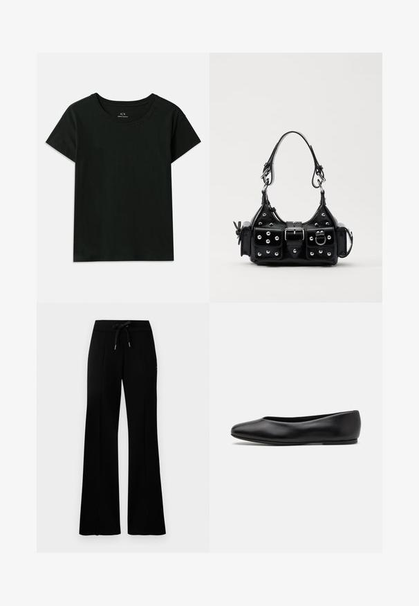 Črna kratka majica s kratkimi rokavi, narejena iz bombaža. Ima okroglo izrez in embosirano besedilo "Armani Exchange" ob rami. Preprost dizajn.; Črne široke trenirke z elastičnim pasom na vrvico, stranskimi razporki, mehkega materiala in elegantnim dizajnom.; Paul Smith TOPANGA - Balerinke - black; Črna usnjena torbica s ukrivljenim dizajnom, ki vsebuje srebrne žebljičke, zaponko in dve stranski žepki. Nastavljiv trak za različne možnosti nošenja.