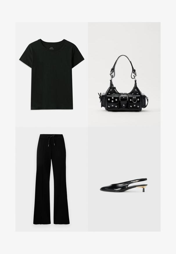 Black short-sleeve T-shirt made of cotton. Features a crew neck and embossed "Armani Exchange" text along the shoulder. Simple design.; Black wide-leg sweatpants with a drawstring waistband, side slit accents, soft fabric, and a sleek design.; Black slingback pump with a pointed toe, glossy leather finish, and a small heel with a gold accent. Sleek design with a open back.; Black leather handbag with a curved design, featuring silver studs, a buckle, and two side pockets. Adjustable strap for carrying options.