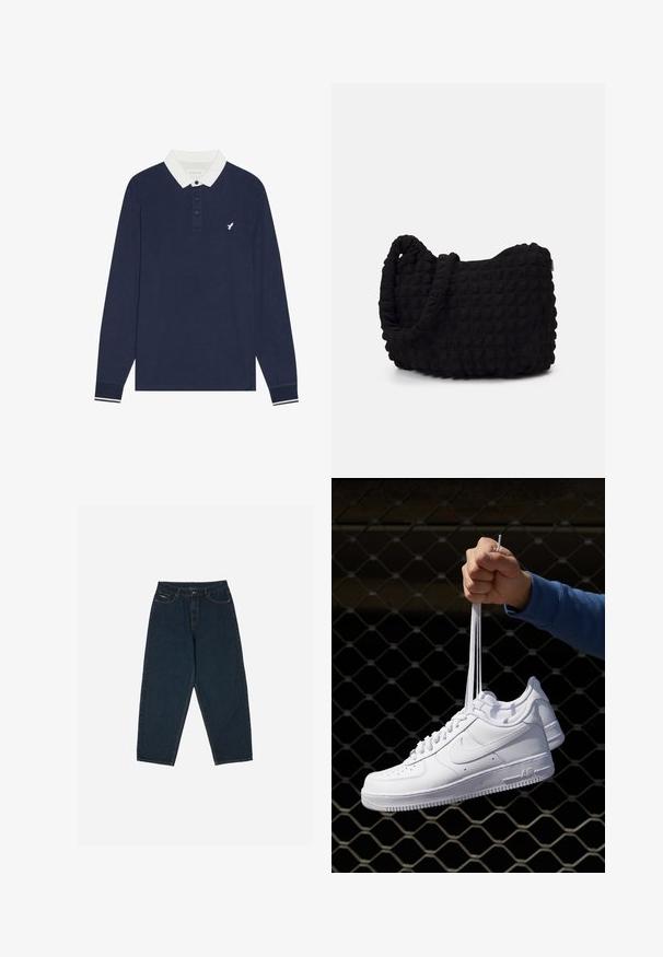 Polo a maniche lunghe blu navy con colletto bianco, patta con tre bottoni e logo ricamato. Presenta polsini a strisce bianchi e blu navy.; Jeans a vita alta blu scuro con una vestibilità rilassata, dotati di cinque tasche e chiusura con bottone. Realizzati in denim con una texture liscia.; Sneakers in pelle bianca con perforazioni, punta rotonda, suola piatta e lacci spessi, con logo swoosh visibile e "AIR" sul tallone.; Borsa in tessuto nero con un motivo trapuntato e texture. Forma arrotondata, manici corti e spessi, e una struttura morbida e flessibile.