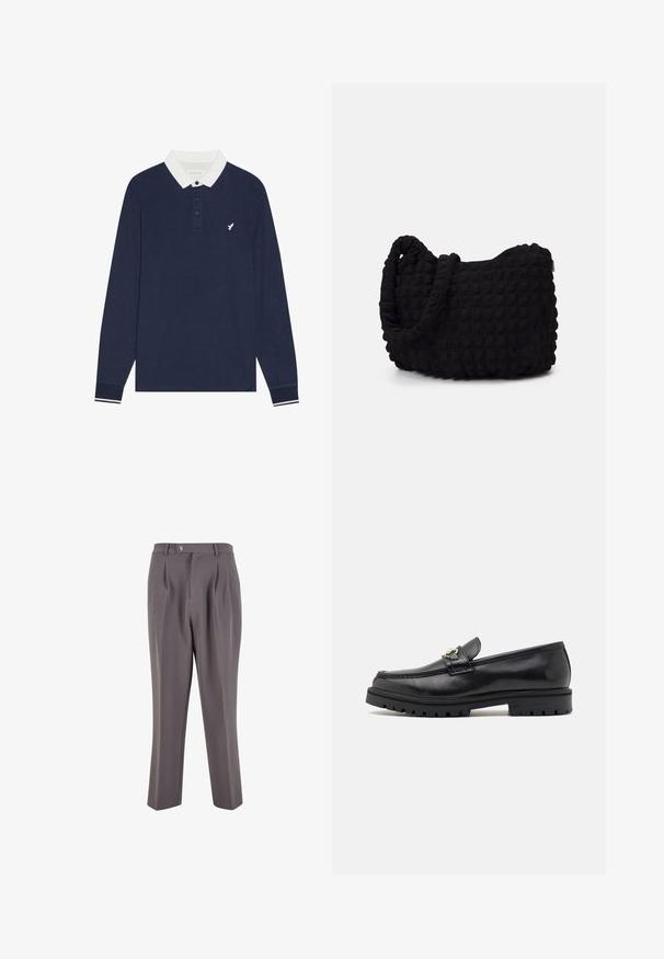 Mornarska polo majica dugih rukava s bijelim ovratnikom, plaketom na tri gumba i izvezenim logotipom. Ima prugaste manžete u bijeloj i mornarskoj boji.; Sive plisirane hlače od glatkog materijala, s dizajnom ravnih nogavica, jednim gumbom za kopčanje i koso rezanim bočnim džepovima.; Crne kožne loafers cipele s glatkom površinom, okruglim vrhom, dekorativnom trakicom s zlatnim detaljima i čvrstim crnim potplatom.; Crna platnena torba s teksturiranim, kviltanim uzorkom. Okrugli oblik, kratke, debele ručke i meka, fleksibilna struktura.