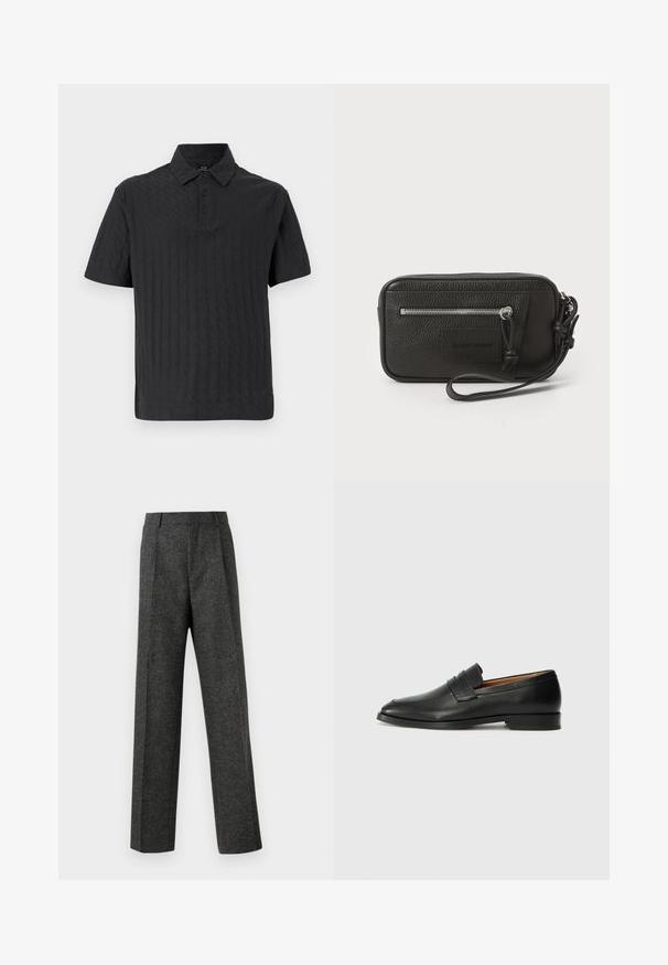 Svart kortermet polo-skjorte med et strukturert diamantmønster, tre-knapps placket og klassisk krage. Laget av mykt, pustende stoff.; Grå skreddersydde bukser laget av teksturert stoff, med to frontpleater og rette ben. Ingen synlige lommer eller dekorasjoner.; Svart skinnloafer med rund tå, subtilt sydd detaljering og lav hæl, med en glatt tekstur og minimalistisk design.; Svart lær clutch med teksturert overflate, frontlomme med glidelås og avtakbar håndleddsreim. Har en logo-patch på fronten. rektangulær form.